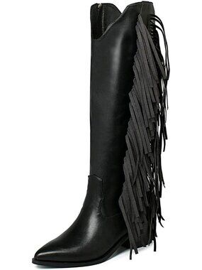 Women's Black Cowgirl Fringe Boots White Tassels Knee High Pointed Toe Boots